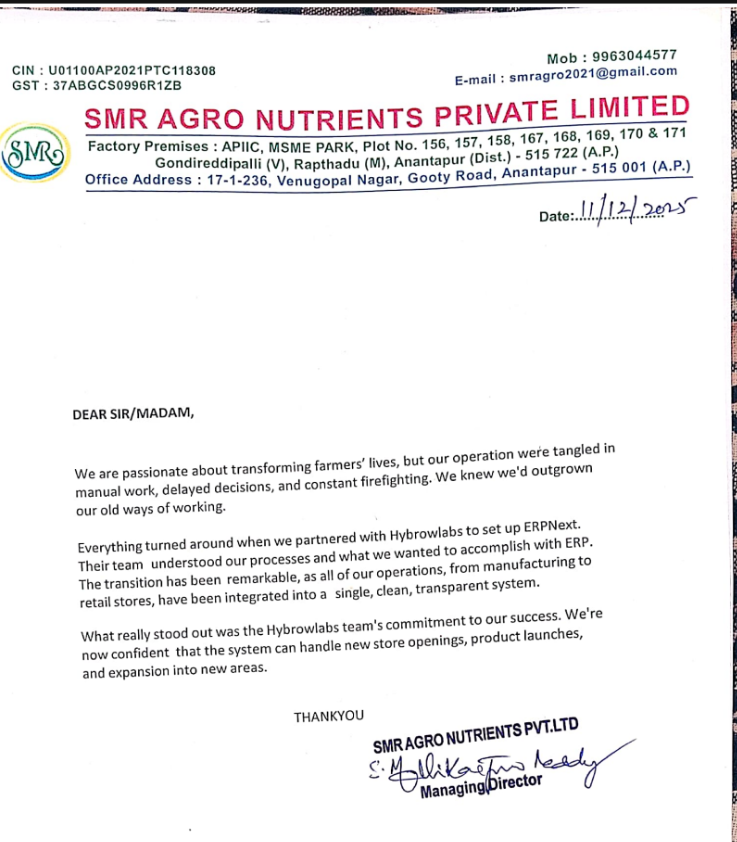SMR Agro Testimonial